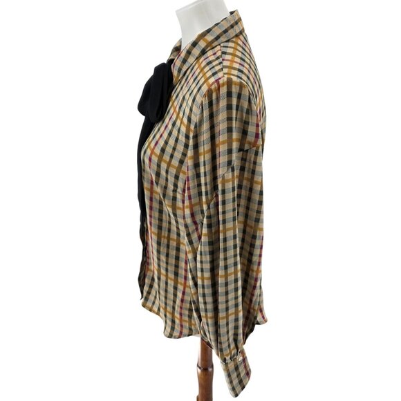 Cece Womens Plaid Button-Down Blouse With Black Bow Tie Collar, Small - Picture 2 of 8